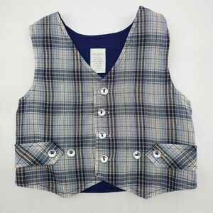 Vintage Toddler Boys Plaid Button Front Vest Blue Tan White Pockets SIze 3T
